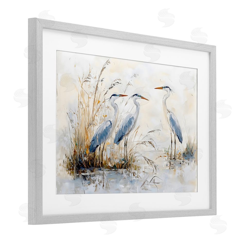 LSR Design Studio Blue Heron Trio in Wetlands Gray Framed Print Under Glass with Matting Wall Art