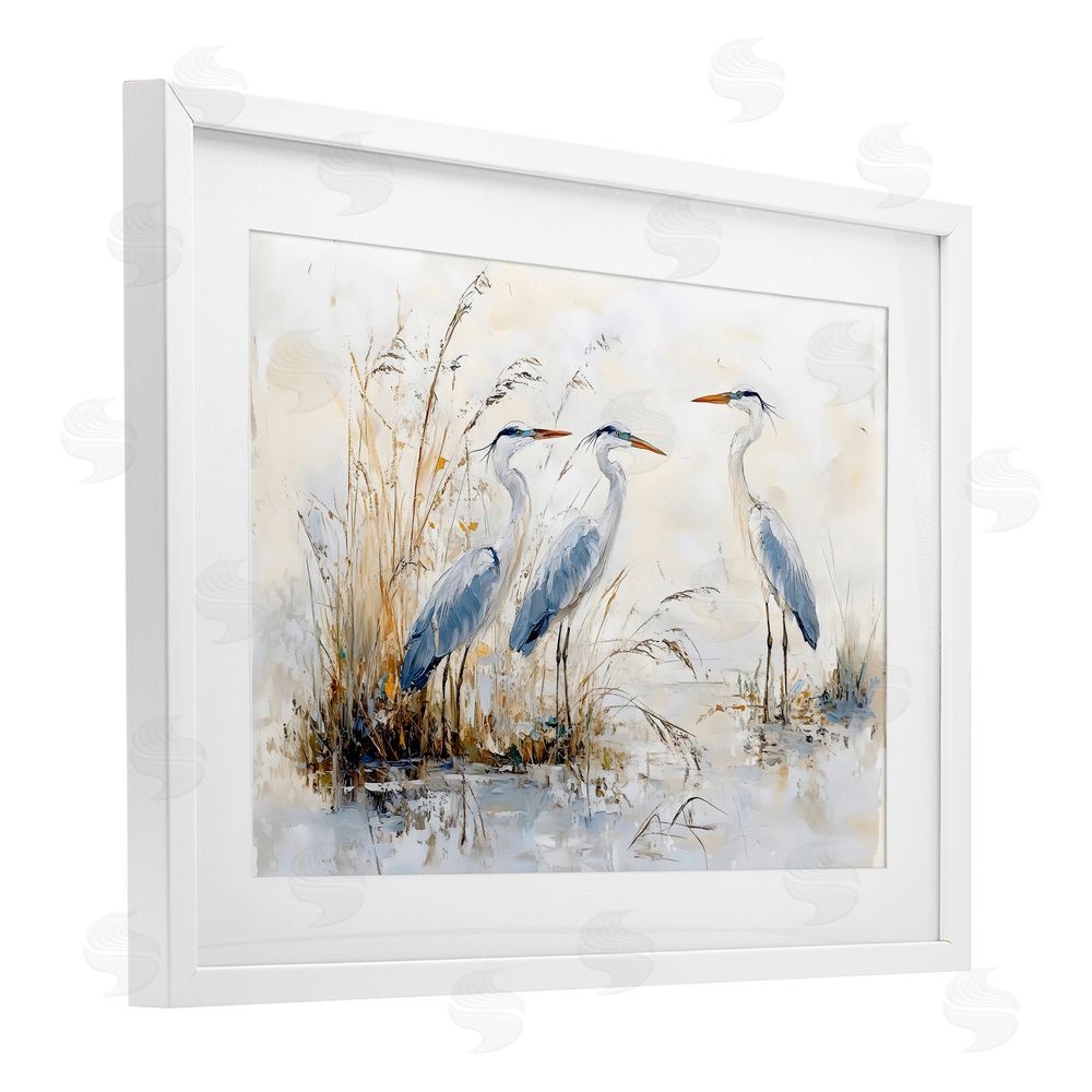 LSR Design Studio Blue Heron Trio in Wetlands White Framed Print Under Glass with Matting Wall Art