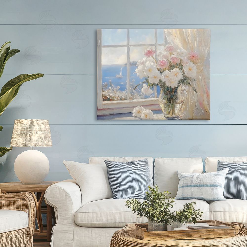 LSR Design Studio Coastal View Floral Window Bouquet Stretched Canvas Wall Art in Room