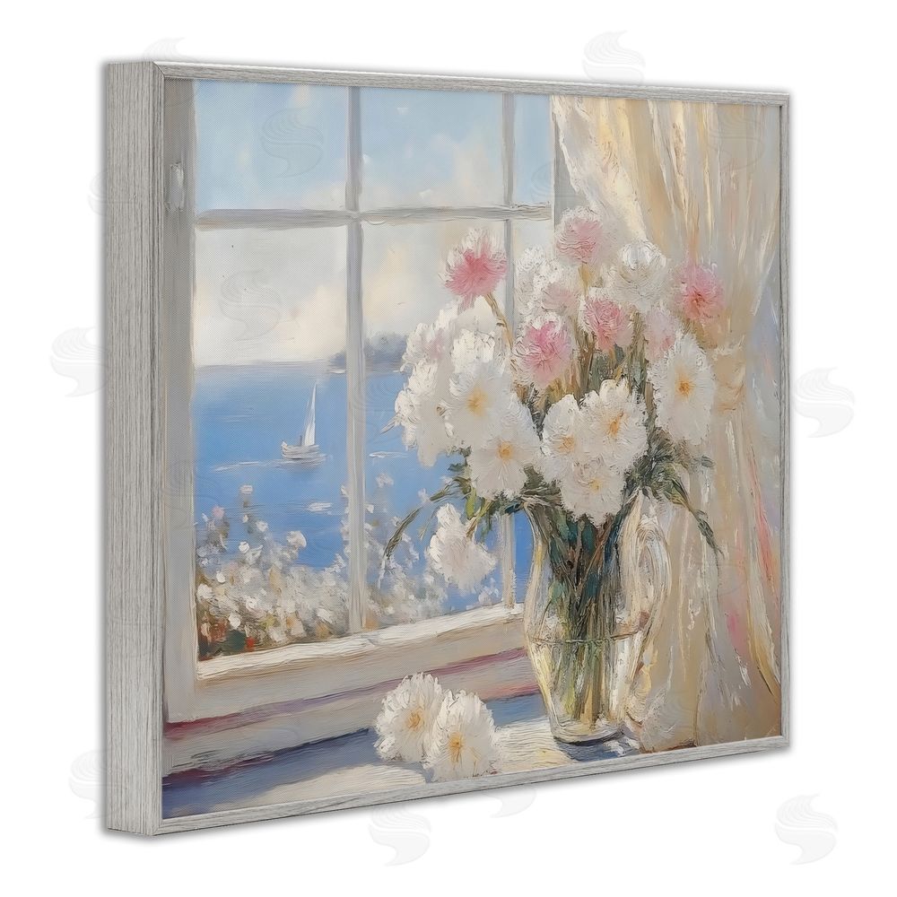 LSR Design Studio Coastal View Floral Window Bouquet Gray Framed Giclee Wall Art Print