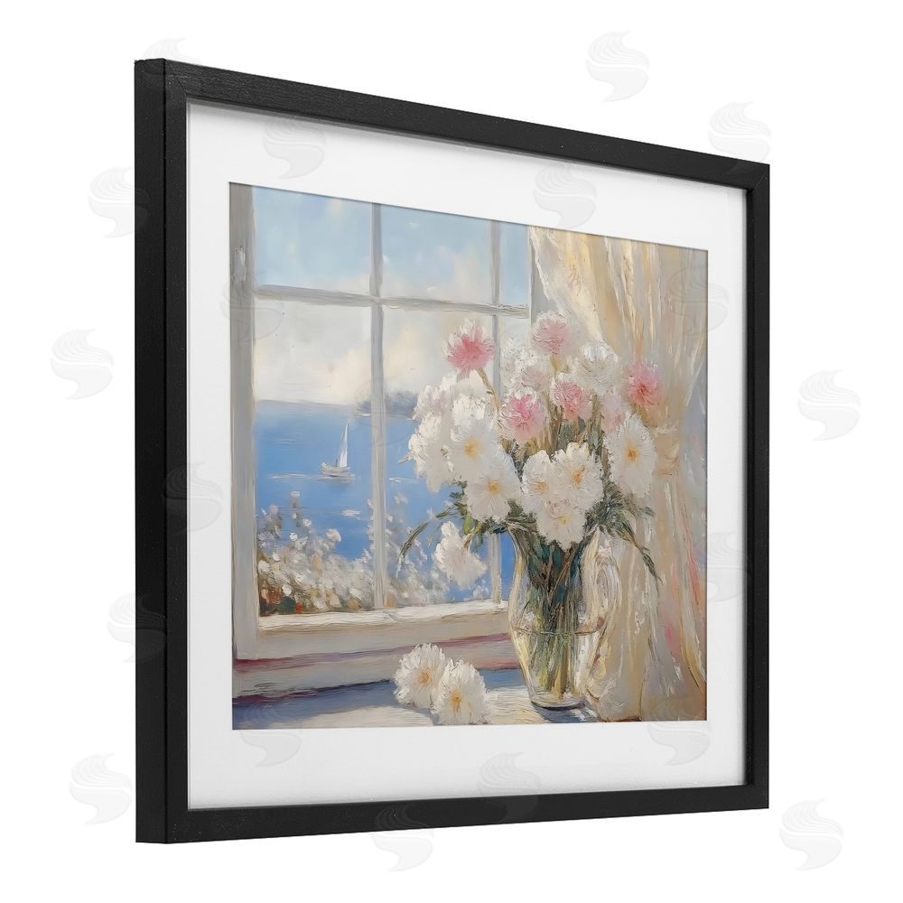 LSR Design Studio Coastal View Floral Window Bouquet Black Framed Print Under Glass Wall Art