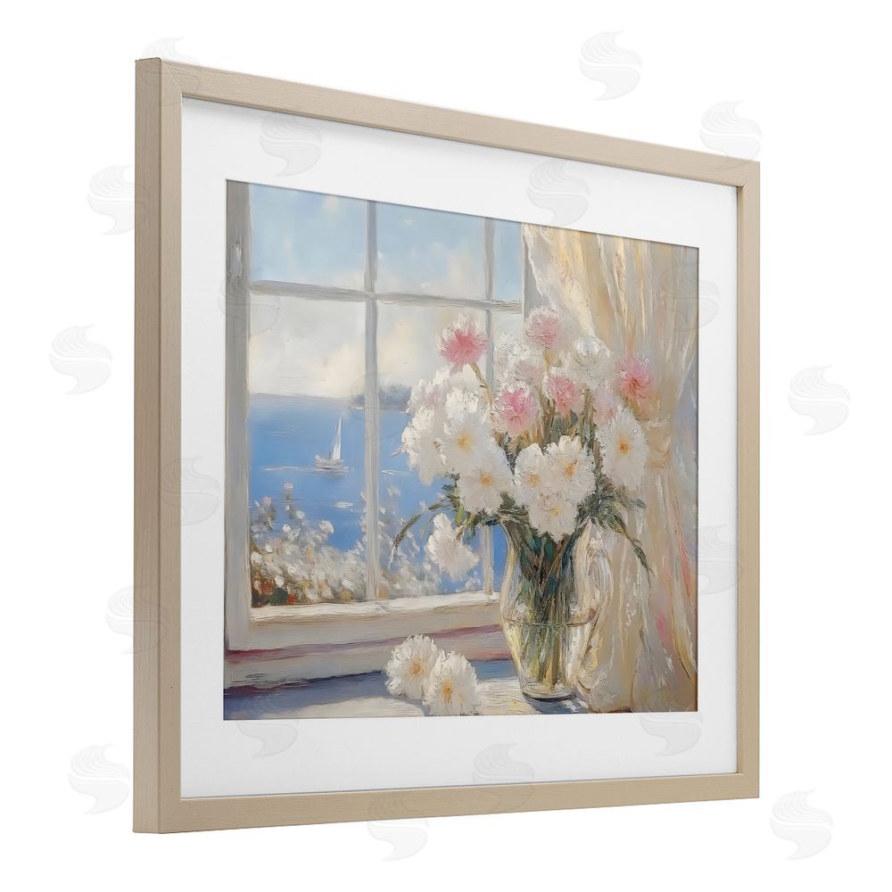 LSR Design Studio Coastal View Floral Window Bouquet Brown Framed Print Under Glass Wall Art