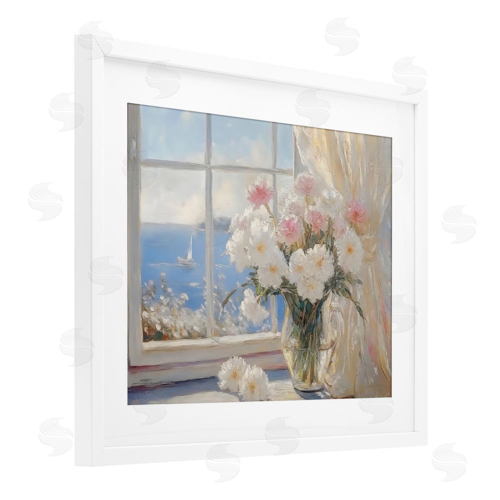 LSR Design Studio Coastal View Floral Window Bouquet White Framed Print Under Glass Wall Art
