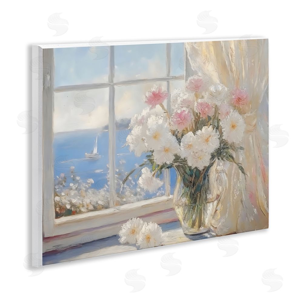 LSR Design Studio Coastal View Floral Window Bouquet Wall Plaque with Fixed Lithograph Print
