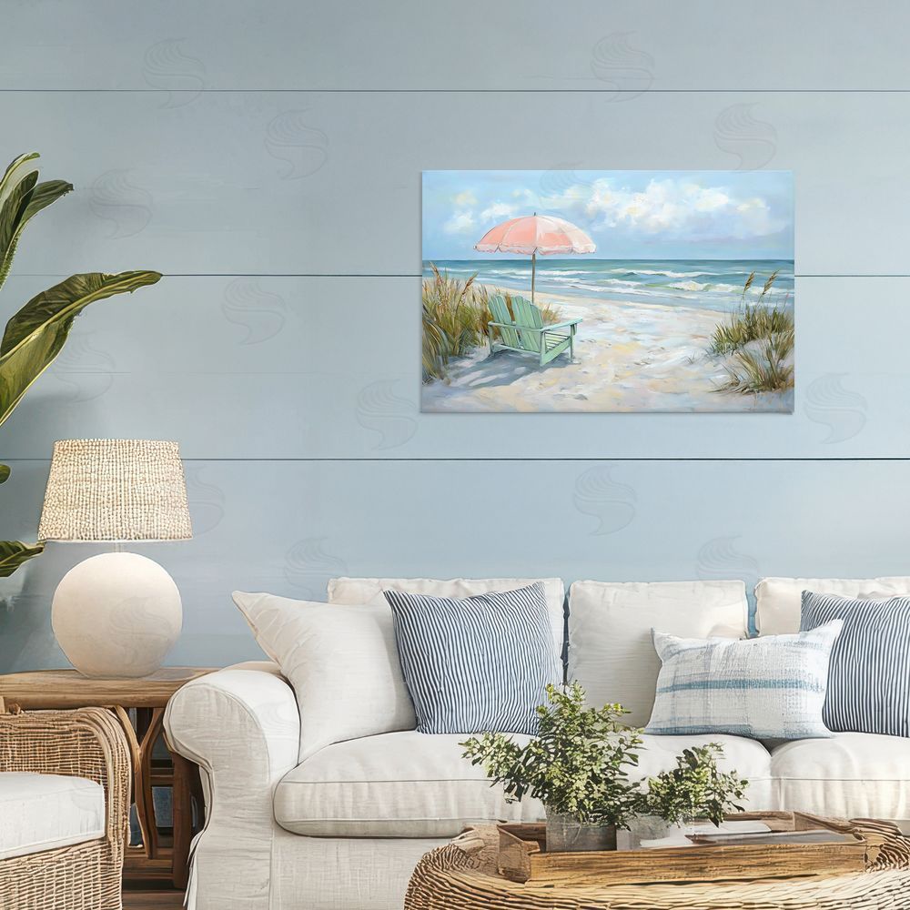 Creative Studio Seaside Chair & Pink Umbrella Stretched Canvas on Wall