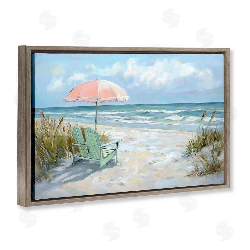 Creative Studio Seaside Chair & Pink Umbrella Brown Floating Framed Canvas Wall Art Print