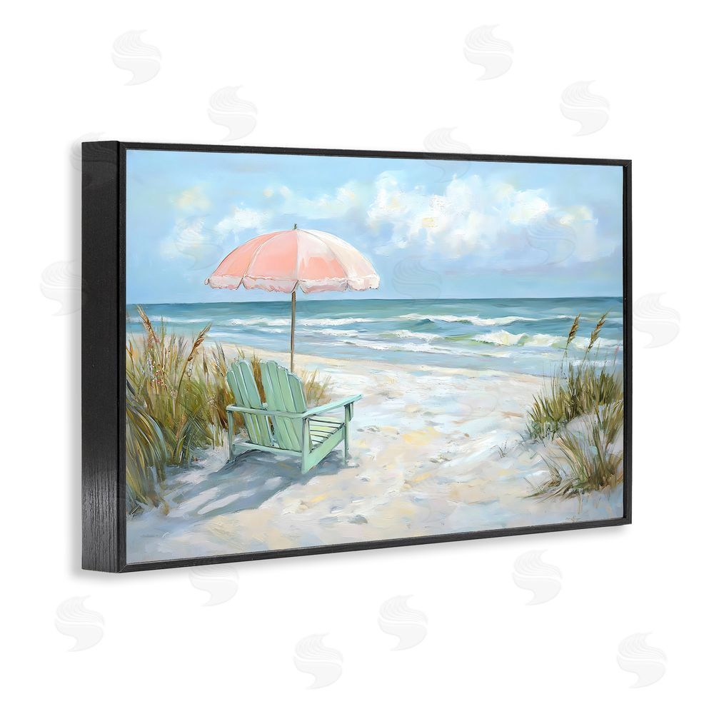 Creative Studio Seaside Chair & Pink Umbrella Black Framed Giclee Wall Art Print