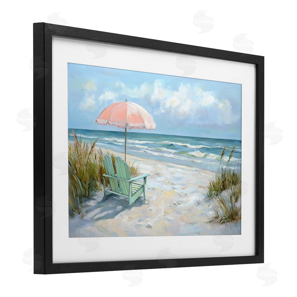 Creative Studio Seaside Chair & Pink Umbrella Black Framed Print Under Glass with White Mat Wall Art