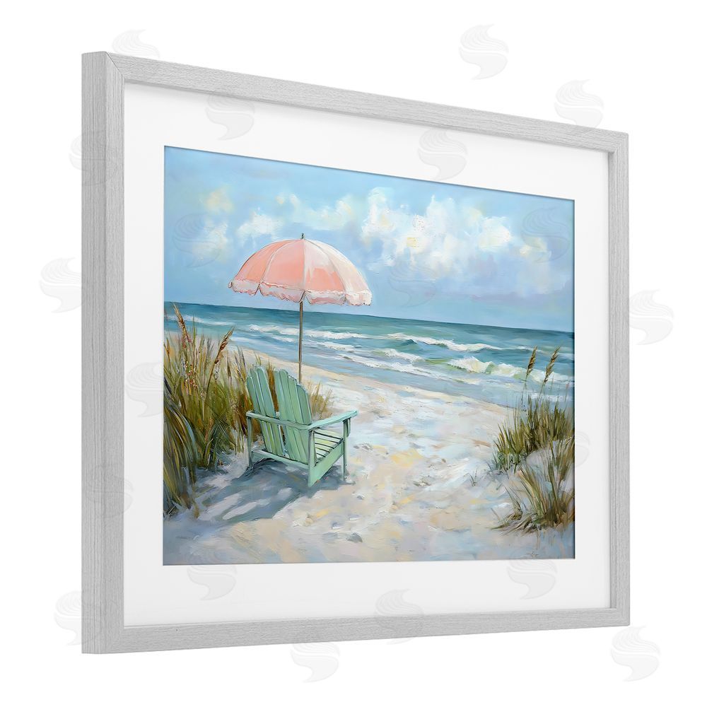 Creative Studio Seaside Chair & Pink Umbrella Gray Framed Print Under Glass with White Mat Wall Art