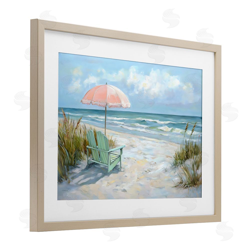 Creative Studio Seaside Chair & Pink Umbrella Brown Framed Print Under Glass with White Mat Wall Art