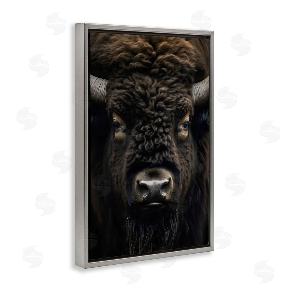 Creative Studio Bison Portrait Close Up Gray Floating Frame Stretched Canvas Wall Art Print