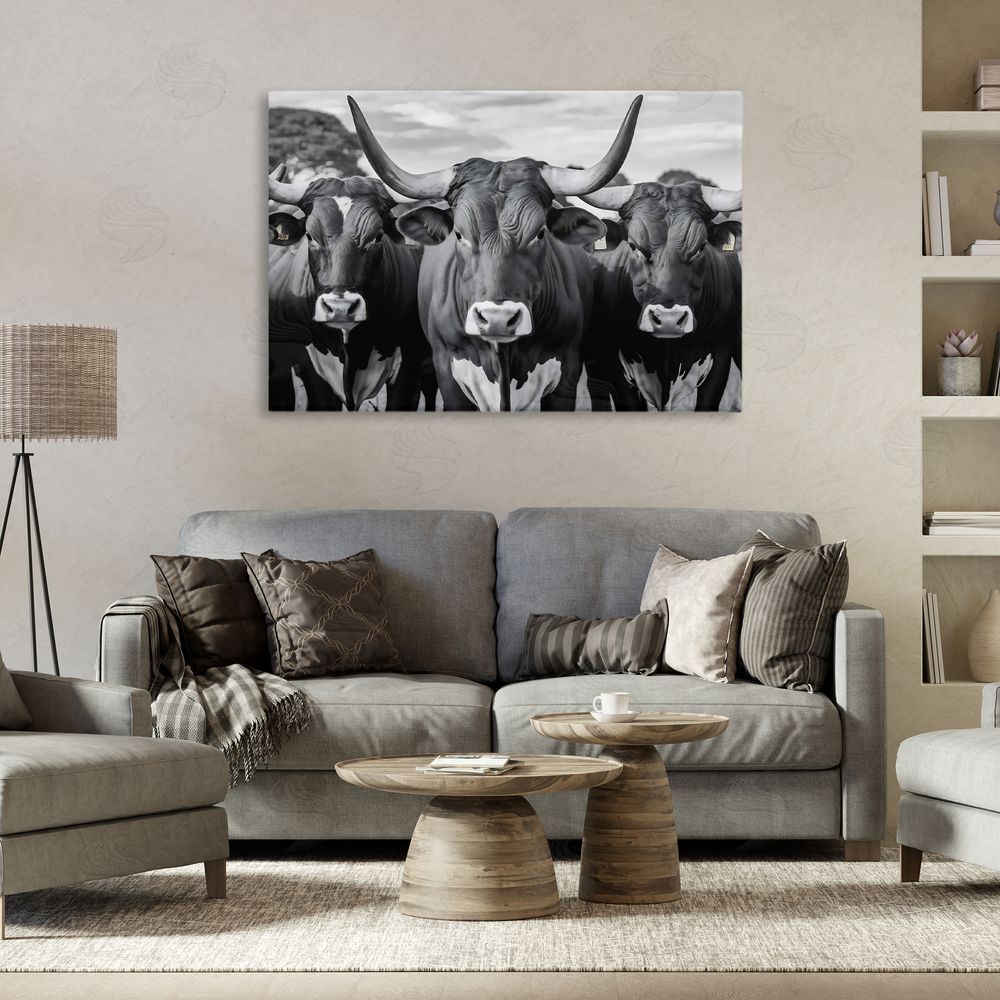 Creative Studio Three Longhorns in a Row Stretched Canvas on Wall