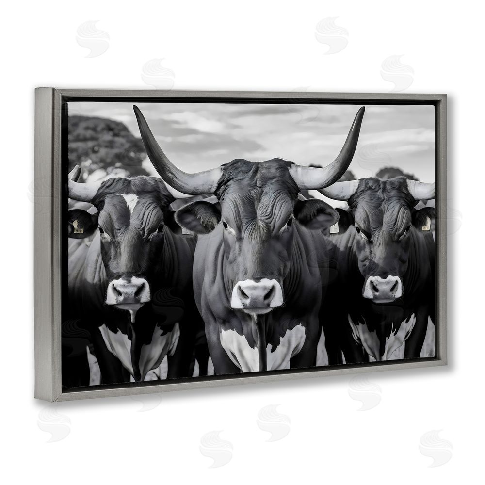 Creative Studio Three Longhorns in a Row Gray Floating Framed Canvas Wall Art Print