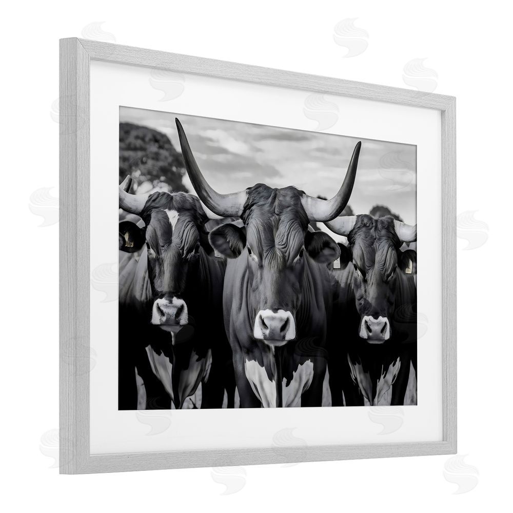 Creative Studio Three Longhorns in a Row Gray Framed Print Under Glass with White Mat Wall Art