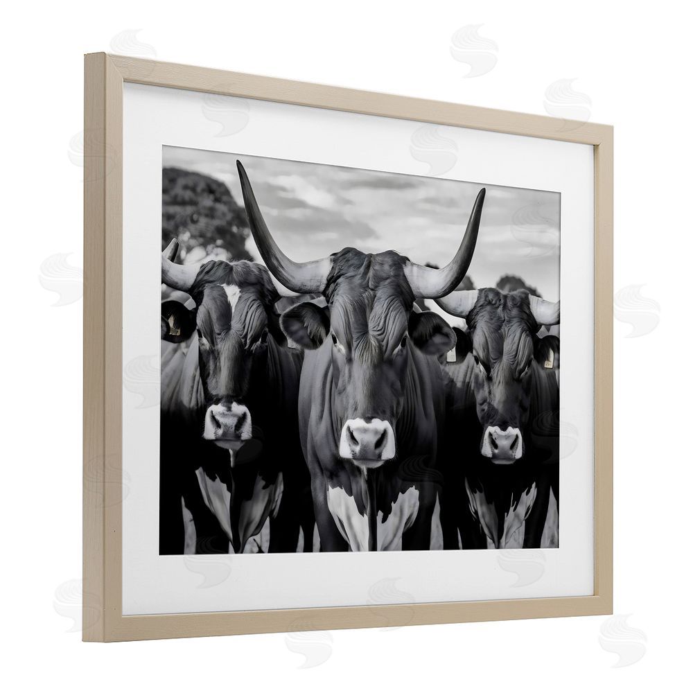 Creative Studio Three Longhorns in a Row Brown Framed Print Under Glass with White Mat Wall Art