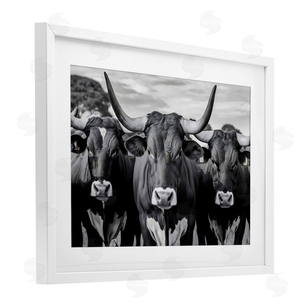 Creative Studio Three Longhorns in a Row White Framed Print Under Glass with White Mat Wall Art