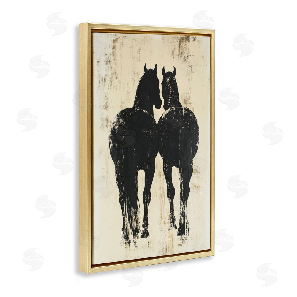 Petal Prints Design Twin Horses Facing Away Gold Floating Framed Canvas Wall Art Print