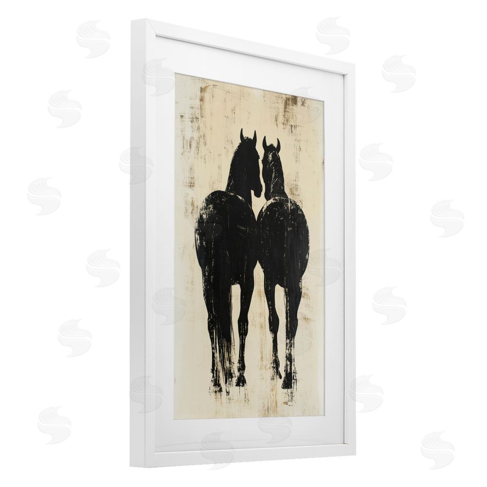 Petal Prints Design Twin Horses Facing Away White Framed Print Under Glass with White Mat Wall Art