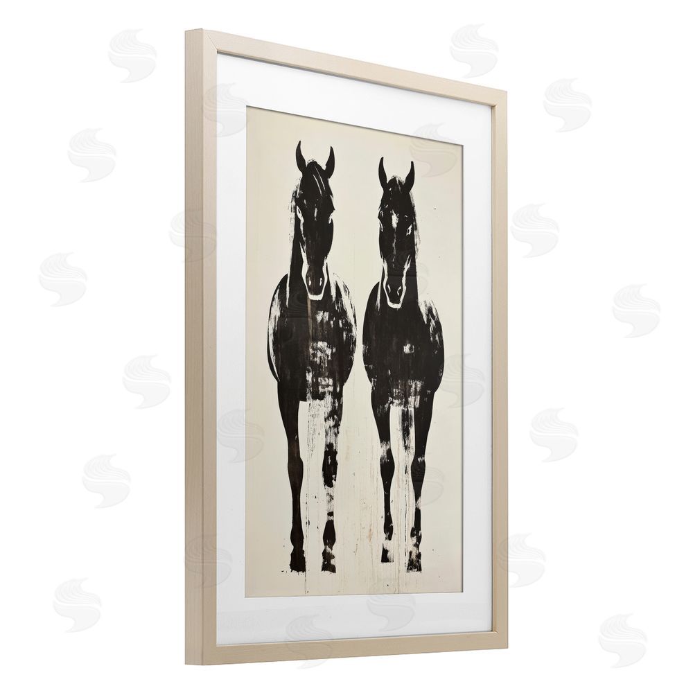 Petal Prints Design Silhouetted Horse Couple Brown Framed Print Under Glass with White Mat Wall Art