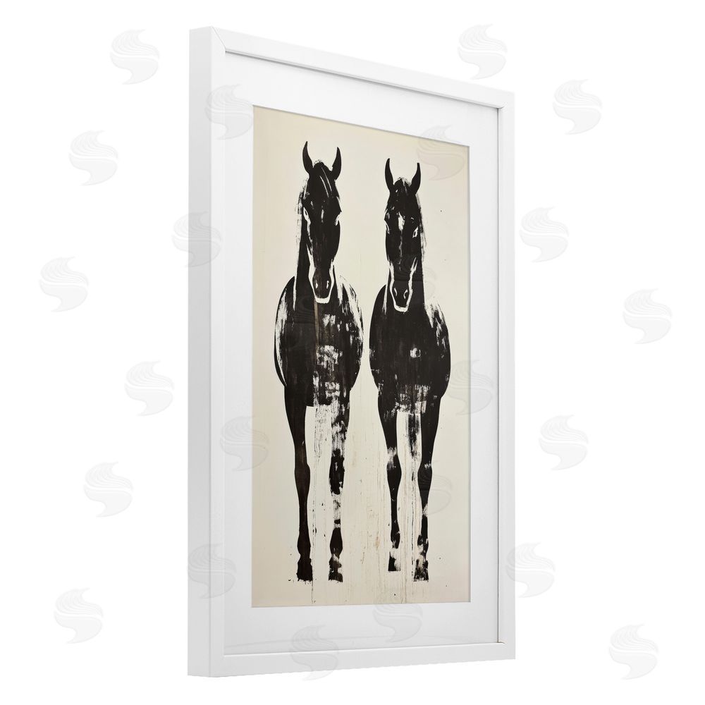Petal Prints Design Silhouetted Horse Couple White Framed Print Under Glass with White Mat Wall Art
