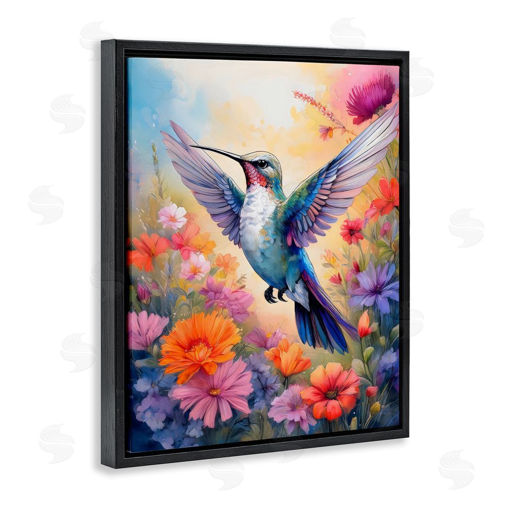 Creative Studio Colorful Hummingbird in Bloom Black Floating Frame Canvas Wall Art Print