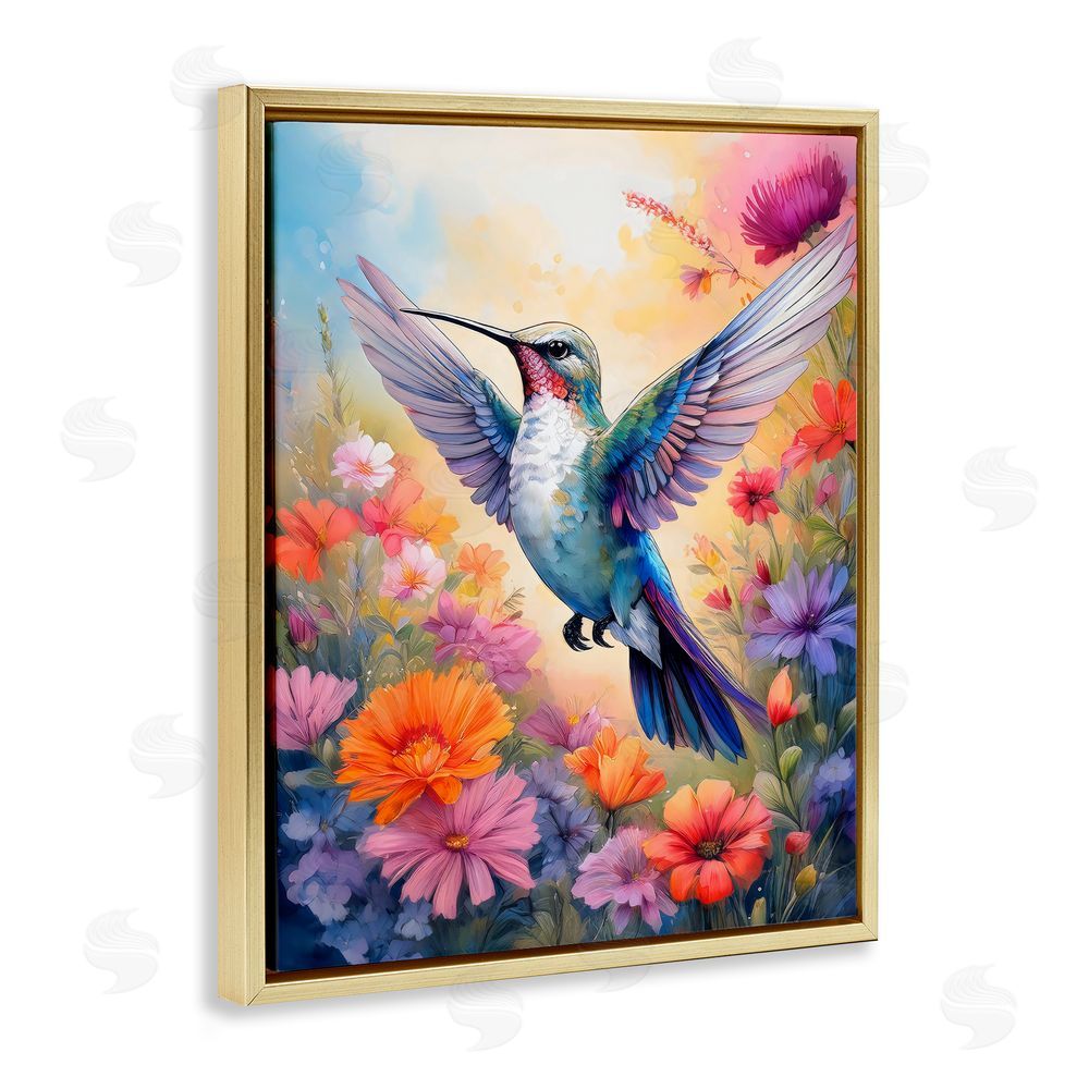 Creative Studio Colorful Hummingbird in Bloom Gold Floating Frame Canvas Wall Art Print