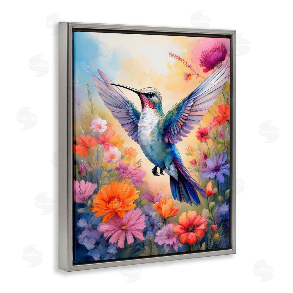 Creative Studio Colorful Hummingbird in Bloom Gray Floating Frame Canvas Wall Art Print