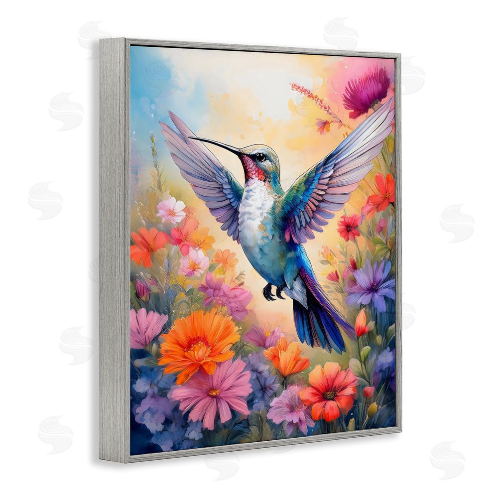 Creative Studio Colorful Hummingbird in Bloom Gray Framed Giclee Wall Art Print