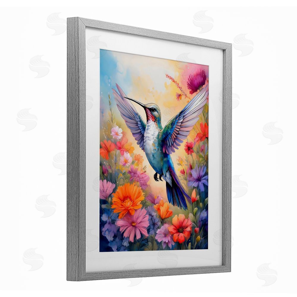 Creative Studio Colorful Hummingbird in Bloom Gray Framed Print Under Glass Wall Art