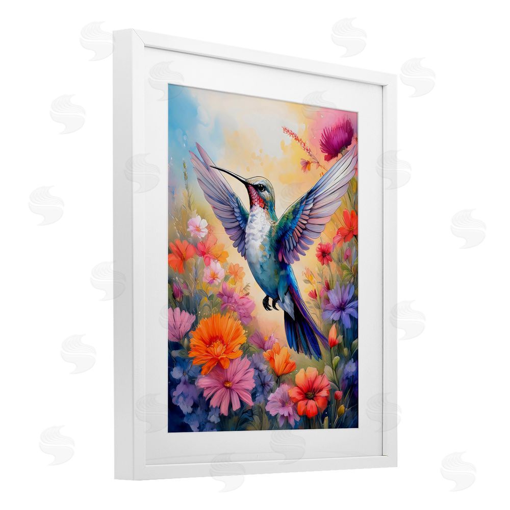 Creative Studio Colorful Hummingbird in Bloom White Framed Print Under Glass Wall Art