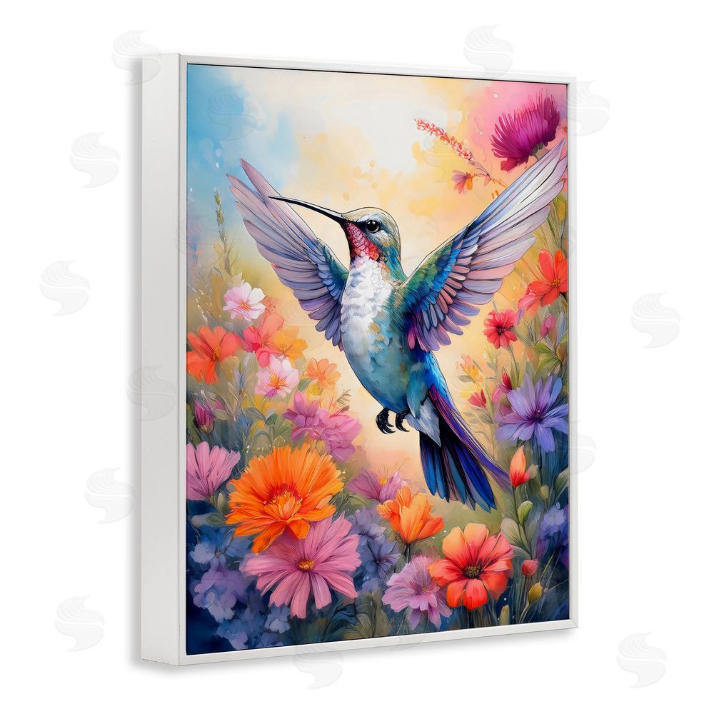 Creative Studio Colorful Hummingbird in Bloom White Framed Giclee Wall Art Print