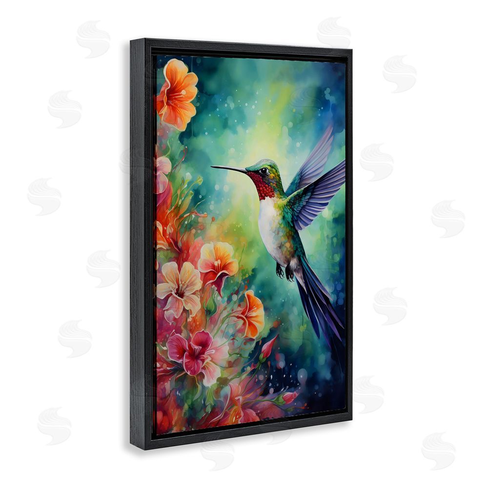 Creative Studio Fluttering Hummingbird & Radiant Blossoms Black Floating Framed Canvas Wall Art