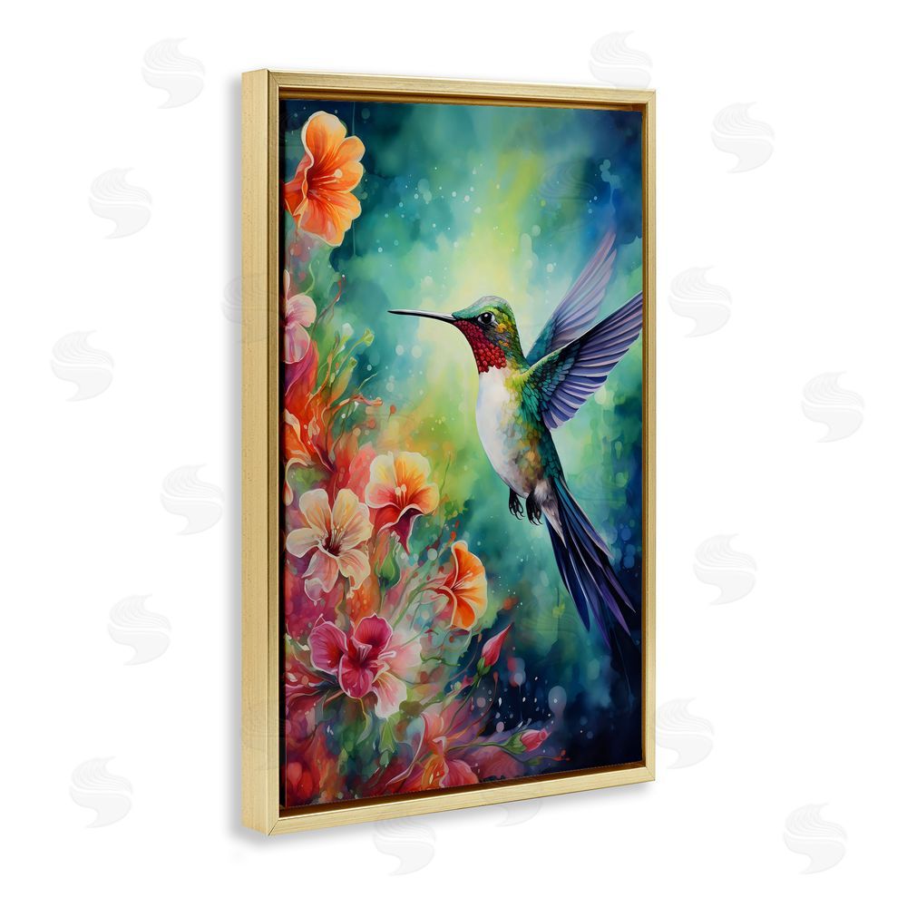 Creative Studio Fluttering Hummingbird & Radiant Blossoms Gold Floating Framed Canvas Wall Art