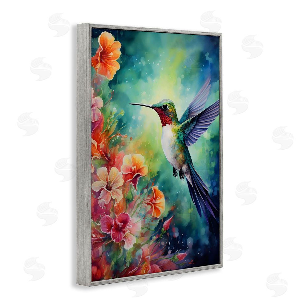 Creative Studio Fluttering Hummingbird & Radiant Blossoms Gray Framed Giclee Wall Art