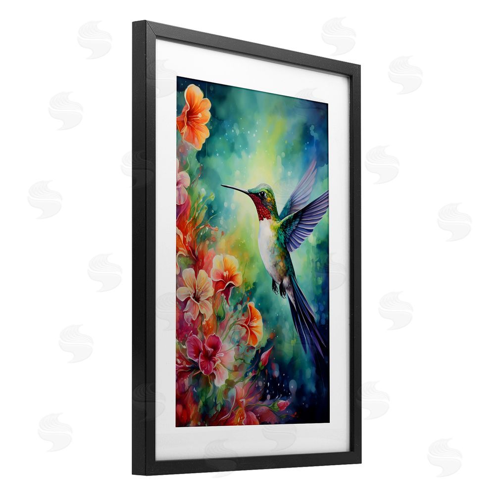 Creative Studio Fluttering Hummingbird & Radiant Blossoms Black Framed Print Under Glass Wall Art