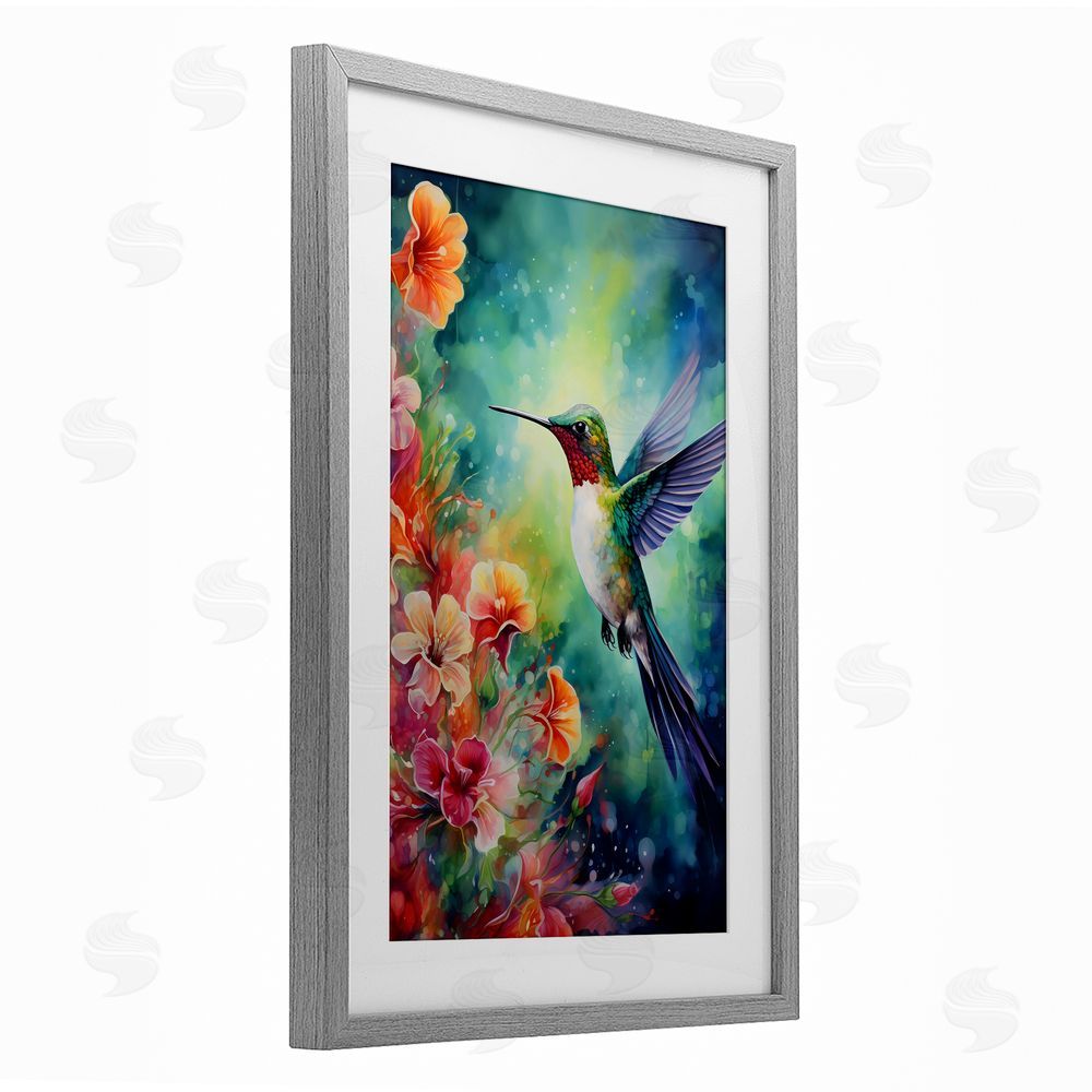 Creative Studio Fluttering Hummingbird & Radiant Blossoms Gray Framed Print Under Glass Wall Art