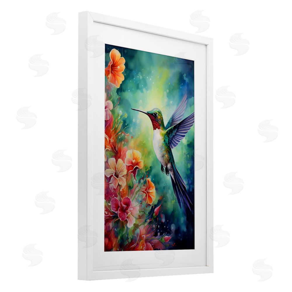 Creative Studio Fluttering Hummingbird & Radiant Blossoms White Framed Print Under Glass Wall Art