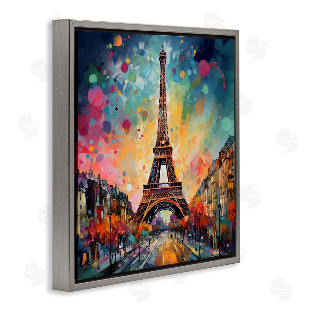 Creative Studio Eiffel Tower with Vibrant Dots Gray Floating Framed Canvas Wall Art
