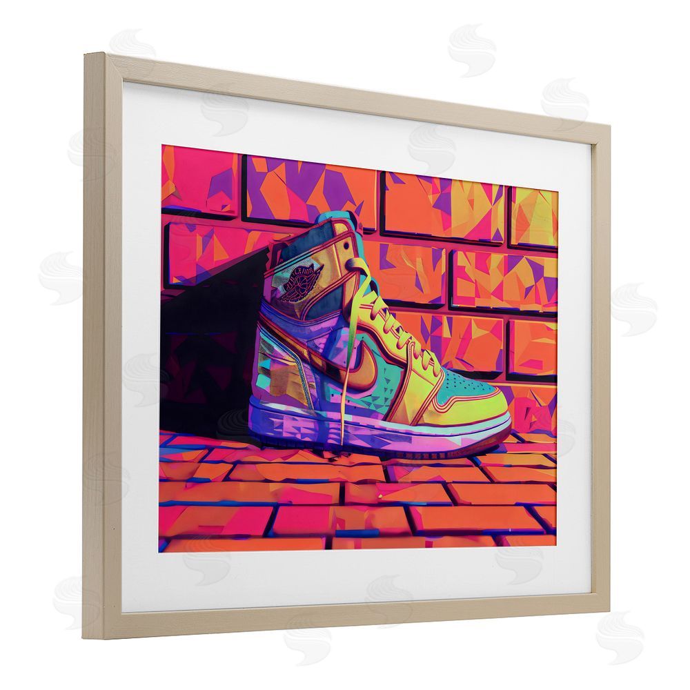 Creative Studio Sneaker with Vibrant Geometric Hues Brown Framed Print Under Glass with White Mat Wall Art