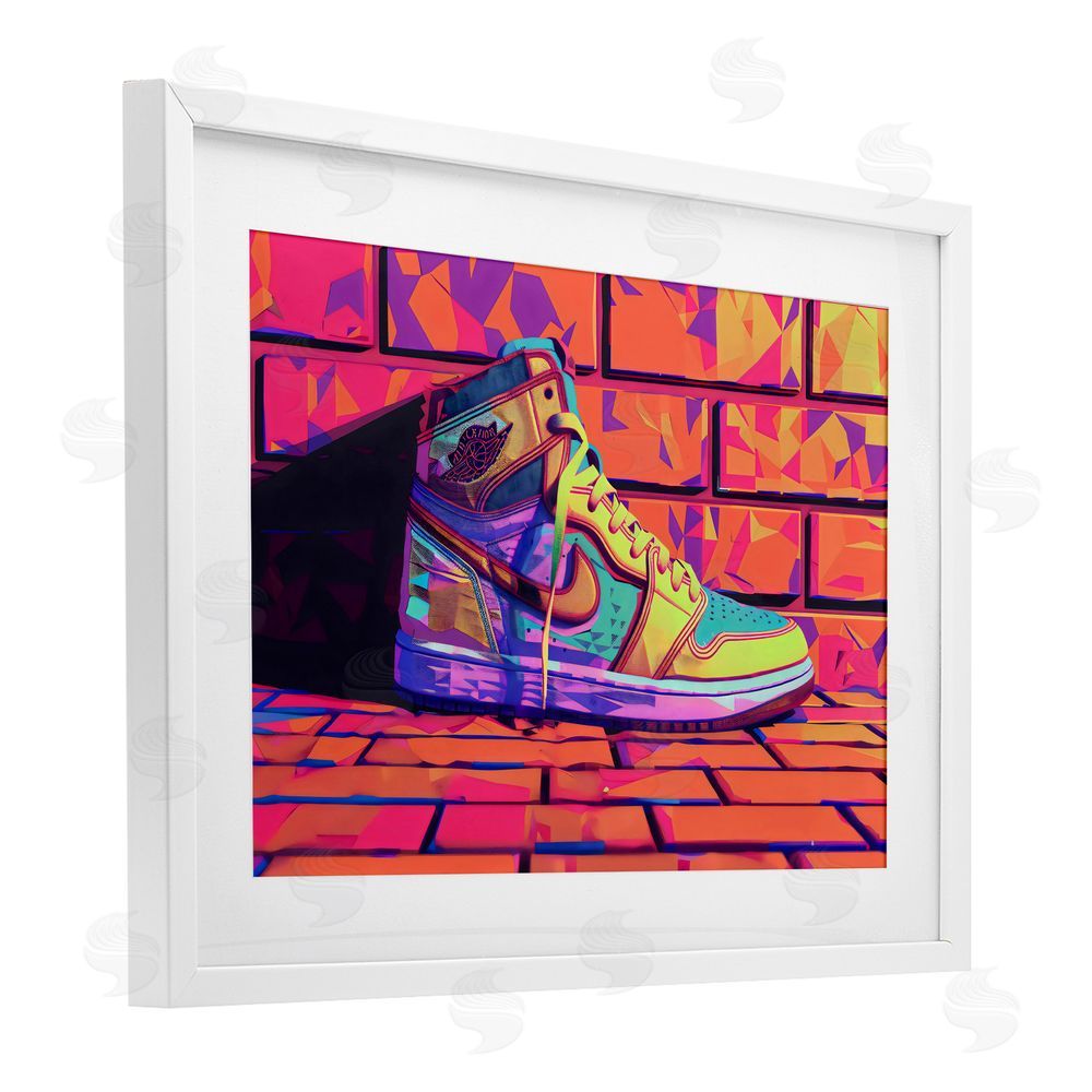 Creative Studio Sneaker with Vibrant Geometric Hues White Framed Print Under Glass with White Mat Wall Art