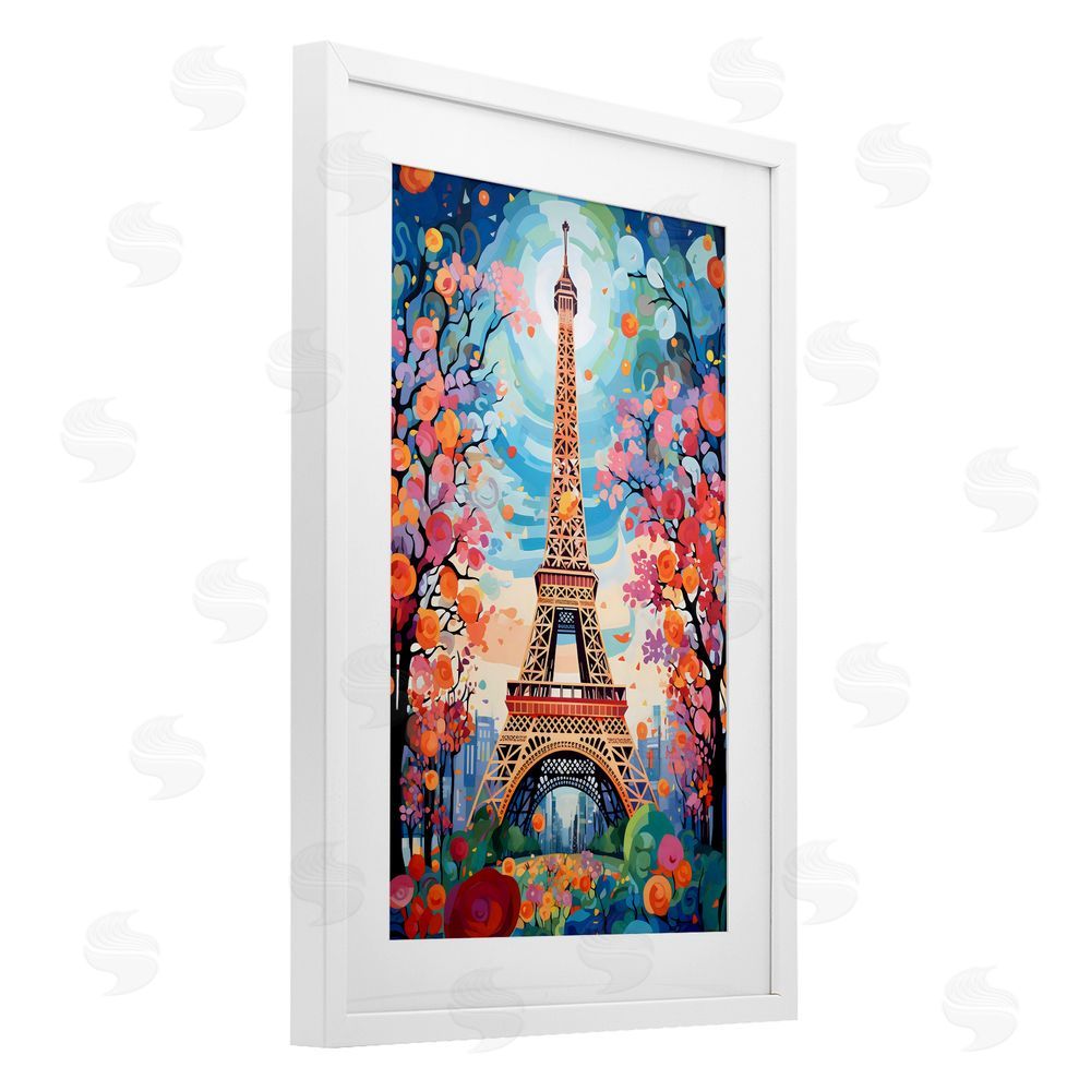Creative Studio Eiffel Tower Nighttime Bloom White Framed Print Under Glass Wall Art