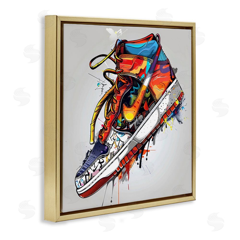 Creative Studio Graffiti Sneaker with Laces Gold Floating Framed Canvas Wall Art