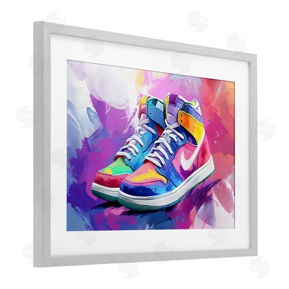 Creative Studio Stylish Vintage Sneakers Gray Framed Print Under Glass with White Mat Wall Art