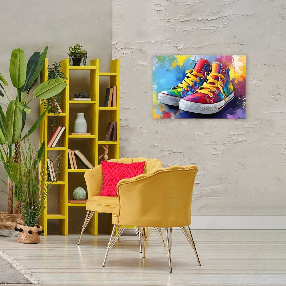 Creative Studio High Tops with Yellow Laces Stretched Canvas Wall Art in Room