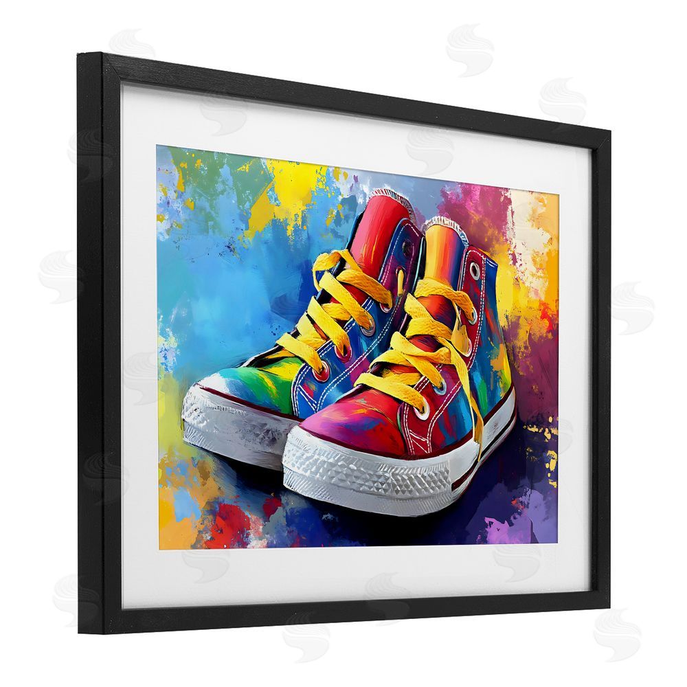 Creative Studio High Tops with Yellow Laces Black Framed Print Under Glass Wall Art