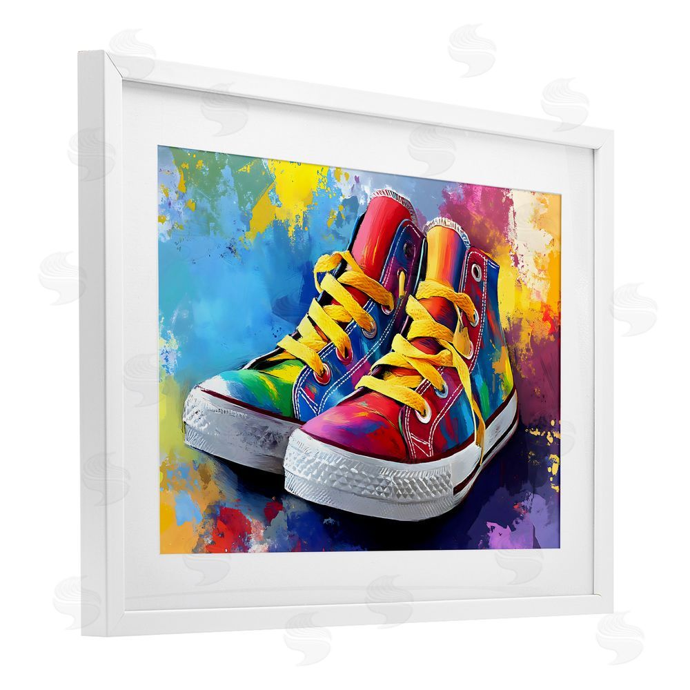 Creative Studio High Tops with Yellow Laces White Framed Print Under Glass Wall Art