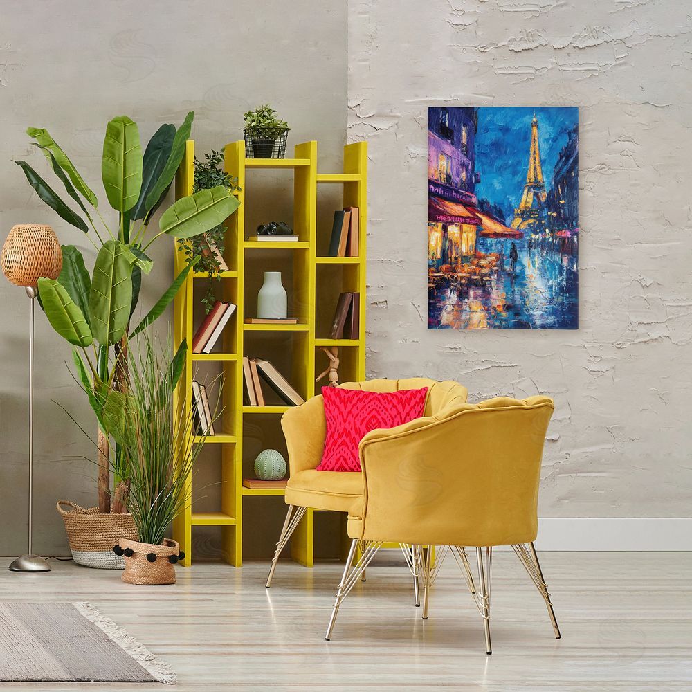 Petal Prints Design Dusk Paris Street Scene Stretched Canvas Wall Art in Room