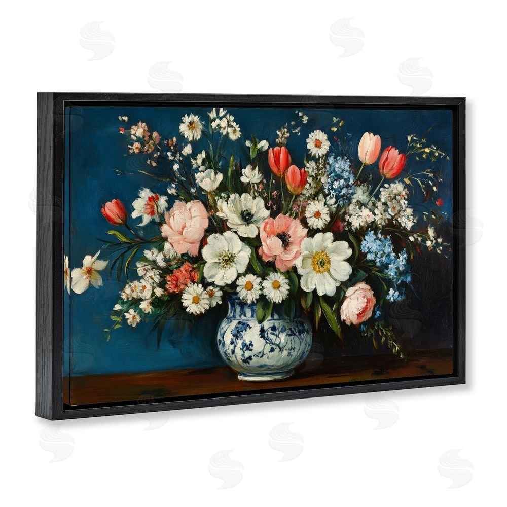 Petal Prints Design Colorful Bouquet in Vase Black Floating Frame Canvas Wall Art Print