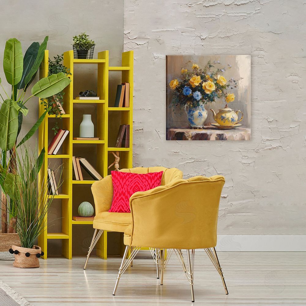 Petal Prints Design Tea Time Blue & Yellow Bouquet Stretched Canvas on Wall