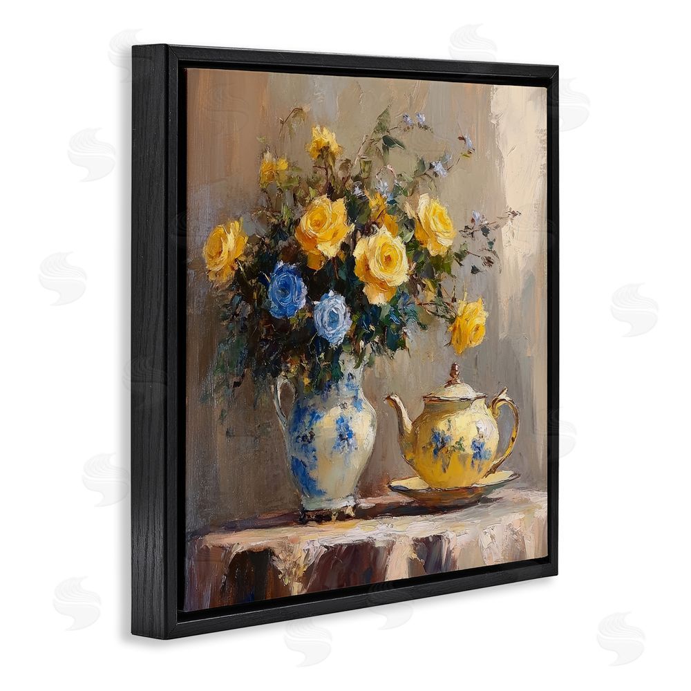 Petal Prints Design Tea Time Blue & Yellow Bouquet Black Floating Framed Canvas Wall Art Print